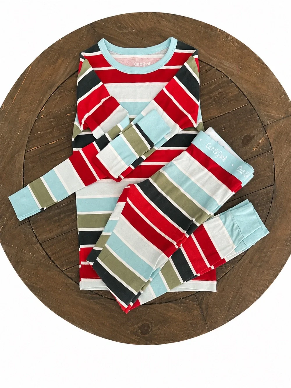 Cat & Jack Red, Light Blue, Olive & Black Striped Kids Pajama Set